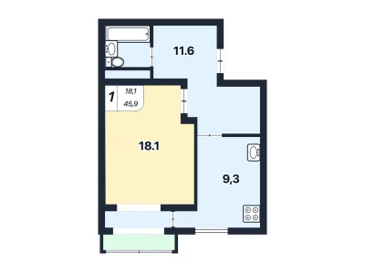 1-к квартира 45.9 м² 9/9 эт., Юбилейная — миниатюра 4