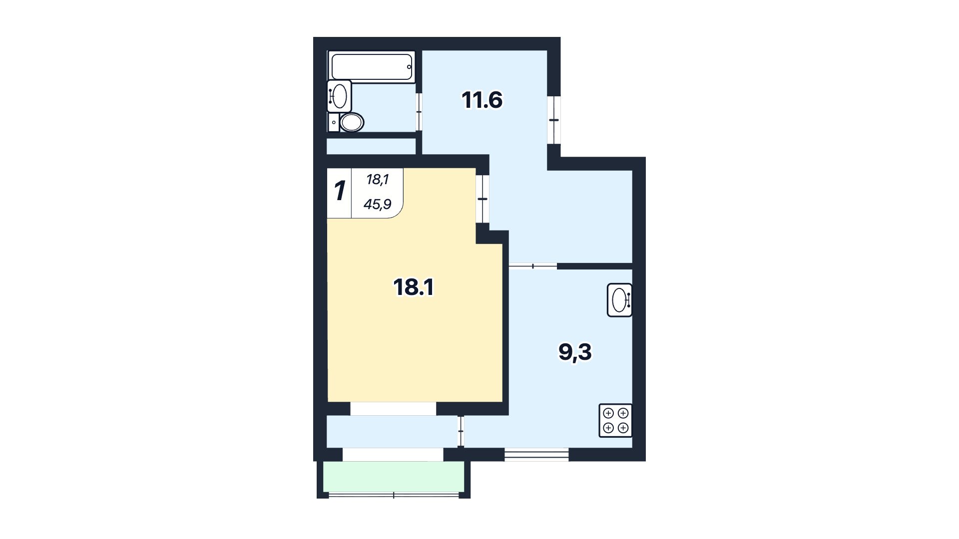 1-к квартира 45.9 м² 9/9 эт., Юбилейная — фото 4